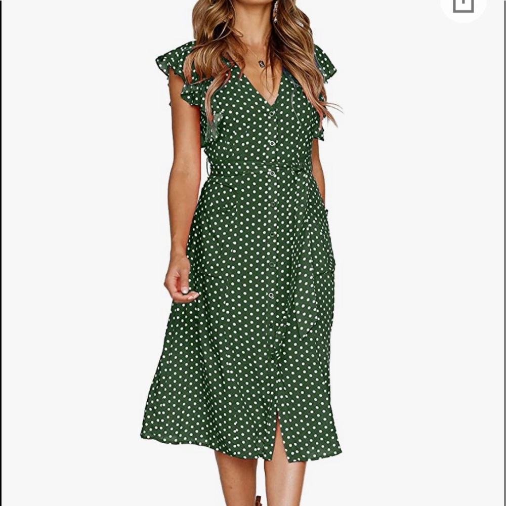 Flutter Sleeve, Button-Down, Green Polka Dot Midi… - image 1